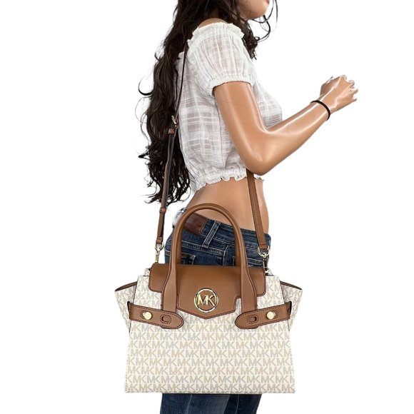 Michael Kors Carmen Medium Flap Satchel Shoulder Bag MK Vanilla - Picture 3 of 10